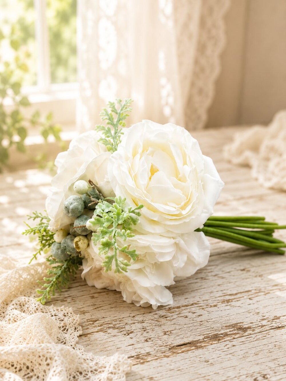 Delicate White Cream Bridal Bouquet With Berries and Greenery